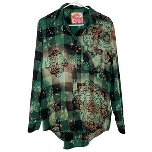 Handmade Floral Flannel Shirt Womens Size Medium Bleached Plaid Button Down Top
